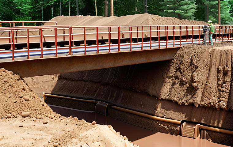 **Geotechnical Bridge Foundation:** "Detailed soil analysis for bridge construction, showing soil layers, testing equipment, and foundation types (shallow and deep)."