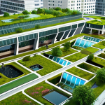**Prompt:** A vibrant, futuristic city blending seamlessly with advanced green infrastructure: large green roofs, visible rain gardens, and permeable urban spaces capturing and filtering rainwater. Subtle glowing digital data streams overlay the water channels and infrastructure, representing IoT monitoring and AI-driven management. The scene is bright, sustainable, and serene, showcasing innovative urban hydraulic engineering with a focus on Nature-Based Solutions.