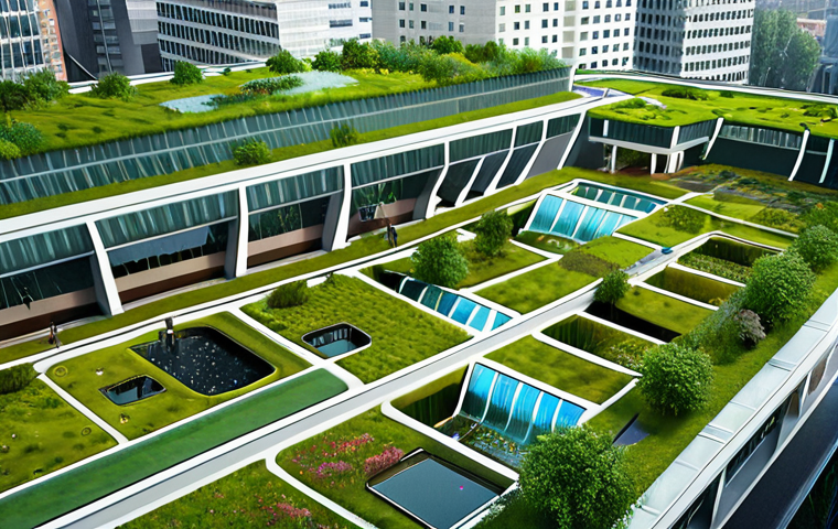 **Prompt:** A vibrant, futuristic city blending seamlessly with advanced green infrastructure: large green roofs, visible rain gardens, and permeable urban spaces capturing and filtering rainwater. Subtle glowing digital data streams overlay the water channels and infrastructure, representing IoT monitoring and AI-driven management. The scene is bright, sustainable, and serene, showcasing innovative urban hydraulic engineering with a focus on Nature-Based Solutions.