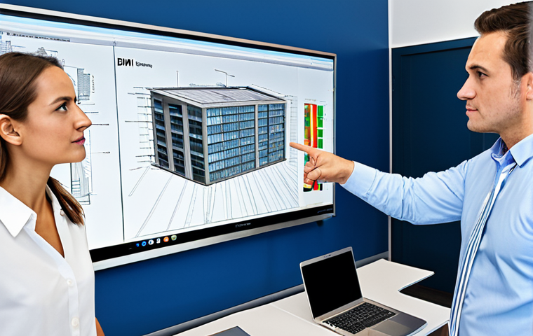A diverse team of professional civil engineers, including male and female members, in a bright, modern office control room. They are gathered around a large screen displaying a complex 3D BIM (Building Information Modeling) project, with one person pointing thoughtfully at a detail while others observe intently. The scene emphasizes collaboration and technological integration in project planning. All subjects are fully clothed in professional business attire, appropriate content, safe for work, modest clothing, perfect anatomy, correct proportions, natural pose, well-formed hands, proper finger count, natural body proportions, professional photography, high quality, realistic rendering.