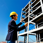 A professional male structural engineer and a female architect, fully clothed in appropriate, modest work attire including safety helmets, are observing the construction of a modern high-rise building in Lisbon, Portugal. The structure features an elegant, lightweight structural steel skeleton, showcasing precision pre-fabricated components and rapid assembly against a clear blue sky. The scene emphasizes innovation, efficiency, and the maleability of steel in contemporary urban development. Perfect anatomy, correct proportions, natural pose, well-formed hands, proper finger count. Professional photography, high quality, safe for work, appropriate content, fully clothed, family-friendly.