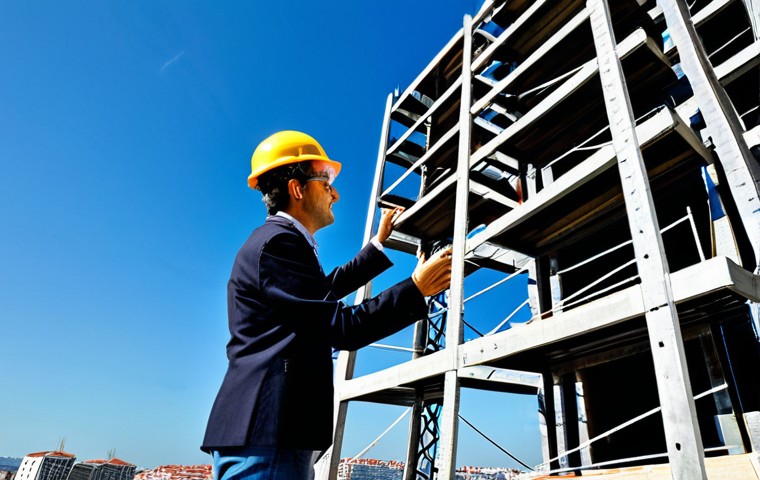 A professional male structural engineer and a female architect, fully clothed in appropriate, modest work attire including safety helmets, are observing the construction of a modern high-rise building in Lisbon, Portugal. The structure features an elegant, lightweight structural steel skeleton, showcasing precision pre-fabricated components and rapid assembly against a clear blue sky. The scene emphasizes innovation, efficiency, and the maleability of steel in contemporary urban development. Perfect anatomy, correct proportions, natural pose, well-formed hands, proper finger count. Professional photography, high quality, safe for work, appropriate content, fully clothed, family-friendly.