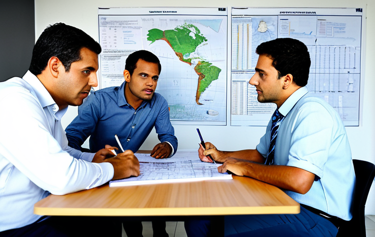 토목공학 설계 단계의 체크리스트 - **Detailed Planning Session in a Brazilian Engineering Office:**
    A vibrant, sunlit modern engine...