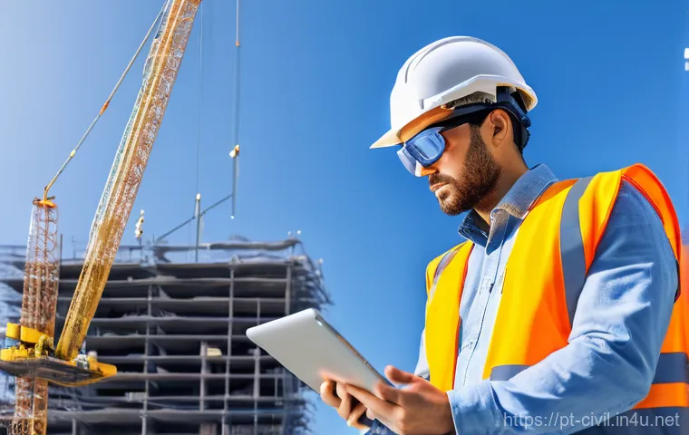 토목공학자의 워라밸 유지 방법 - **Digital Construction Revolution: Engineer at a Smart Site**
    "A wide-angle, cinematic shot of a...