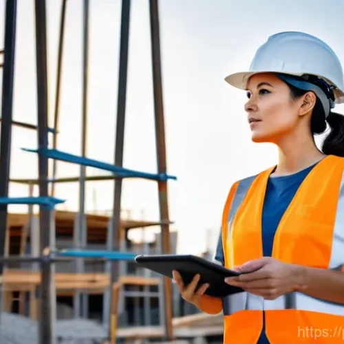 토목기사와 건축기사의 차이점 - **Prompt:** A focused female civil engineer, wearing a hard hat, safety vest, and work boots, stands...