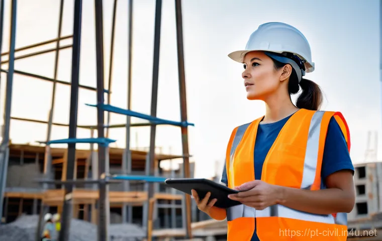토목기사와 건축기사의 차이점 - **Prompt:** A focused female civil engineer, wearing a hard hat, safety vest, and work boots, stands...
