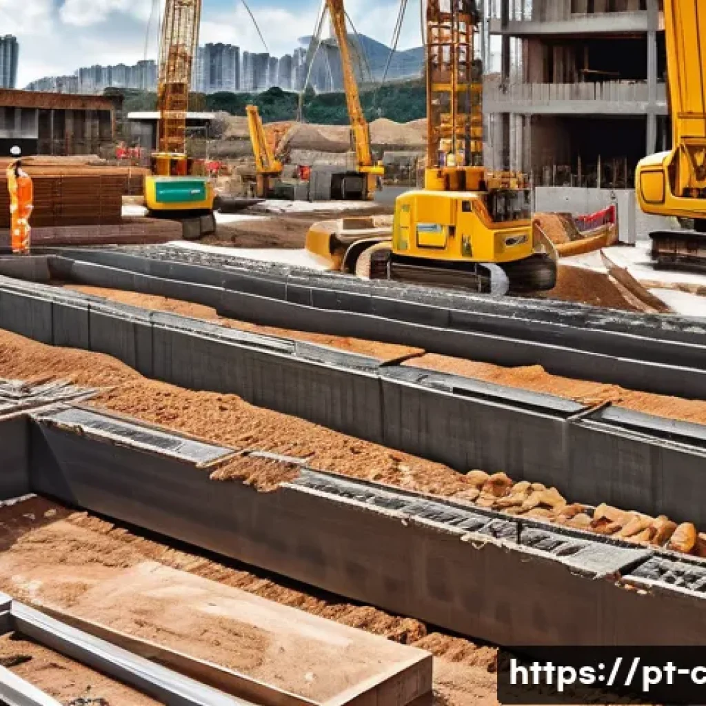 토목기사 필기시험에서 자주 출제되는 문제 - A detailed cross-sectional illustration of a modern civil engineering construction site in Brazil, s...