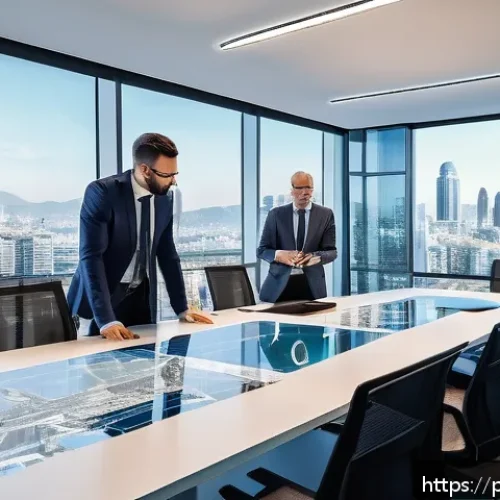 토목공학에서 BIM 빌딩 정보 모델링  활용 - A modern civil engineering office with diverse professionals collaborating around a large digital to...
