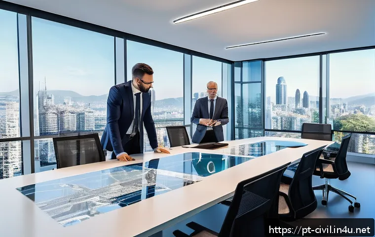토목공학에서 BIM 빌딩 정보 모델링 활용 - A modern civil engineering office with diverse professionals collaborating around a large digital to...