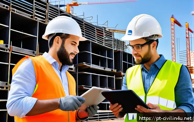 토목공학 현장에서의 품질 관리 - A modern Brazilian construction site featuring diverse workers wearing safety gear such as helmets, ...