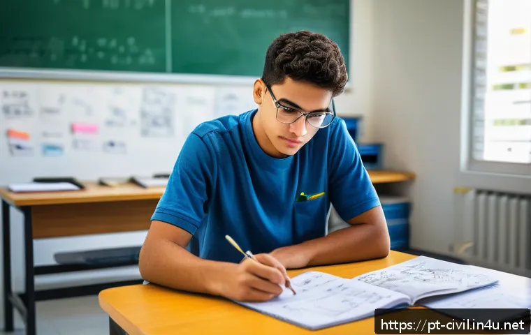 토목기사 실기시험 합격 후기 - A detailed scene of a Brazilian civil engineering student sitting at a tidy desk in a quiet study ro...